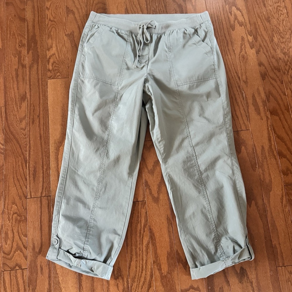 Talbots Perfect Crop Pants Women‎ Sz 14 100% Cotton Green Hiking Roll Tab